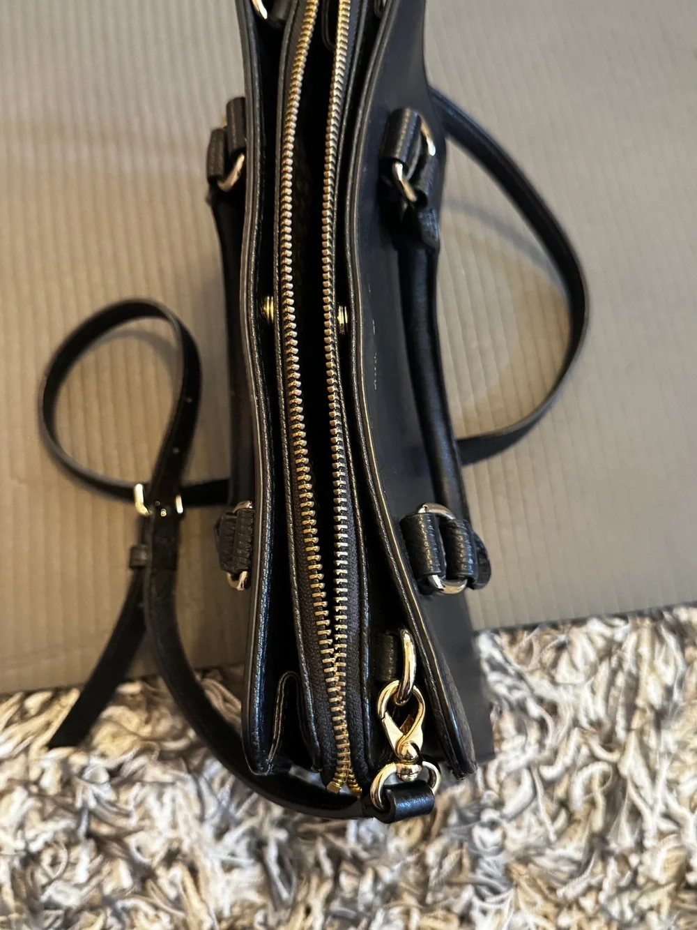 kate spade Black Leather Double-Compartment Satchel with Gold Hardware
